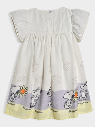 Mi Arcus White Cotton Peanuts Snoopy Printed Dress for Girls