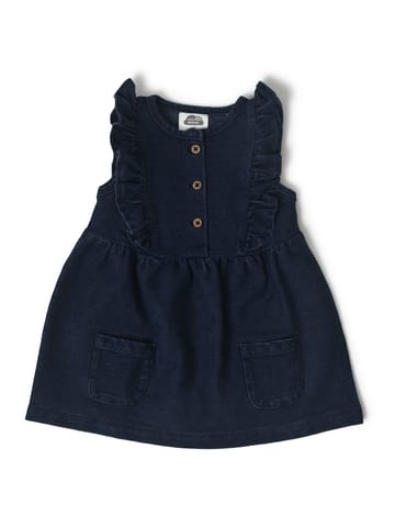 Mi Arcus Navy Blue Frill Denim Dress for Girls