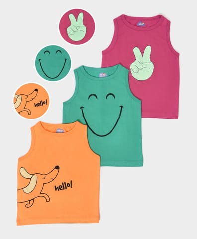 Mi Arcus Smile Printed Cotton Sleeveless Vest for Kids Pack of 3