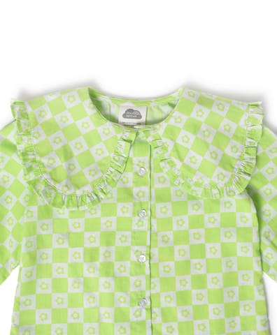 Mi Arcus Green Printed Front Open Top with Peter Pan Collar