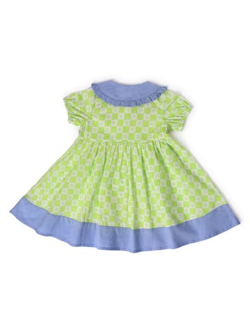 Mi Arcus Green Printed Cotton Front Open Collar Dress for Kids