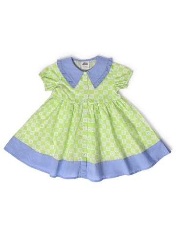 Mi Arcus Green Printed Cotton Front Open Collar Dress for Kids