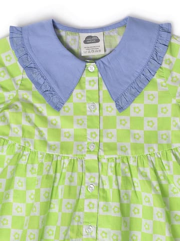 Mi Arcus Green Printed Cotton Front Open Collar Dress for Kids