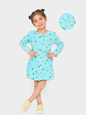 Mi Arcus Blue Printed Full Sleeve Dress for Girls