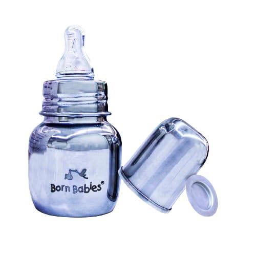 Born Babies Stainless Steel Feeding Bottle With Anti-Colic Silicone Nipple & Travel Cap - 120 ml