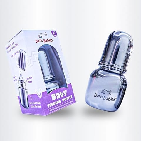 Born Babies Stainless Steel Feeding Bottle With Anti-Colic Silicone Nipple & Travel Cap - 120 ml