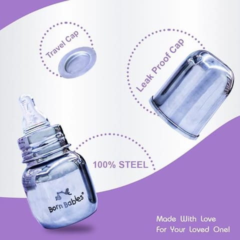 Born Babies Stainless Steel Feeding Bottle With Anti-Colic Silicone Nipple & Travel Cap - 120 ml