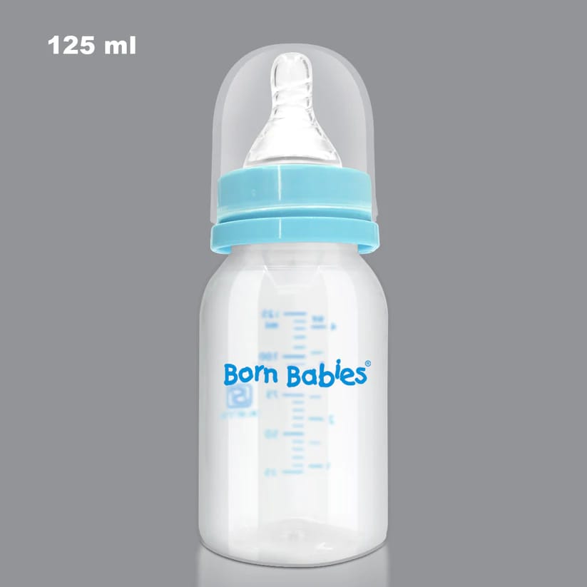 Born Babies Feeding Bottle With Anti-Colic Silicone Nipple & Travel Cap, BPA Free - 125 ml - Blue