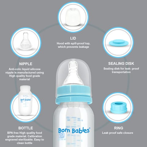 Born Babies Feeding Bottle With Anti-Colic Silicone Nipple & Travel Cap, BPA Free - 125 ml - Blue