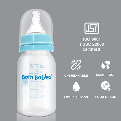 Born Babies Feeding Bottle With Anti-Colic Silicone Nipple & Travel Cap, BPA Free - 125 ml - Blue