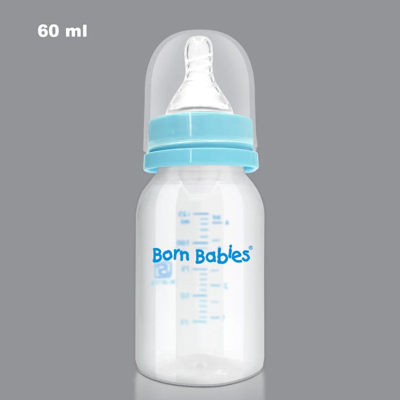 Born Babies Feeding Bottle With Anti-Colic Silicone Nipple & Travel Cap, BPA Free - 60 ml - Blue