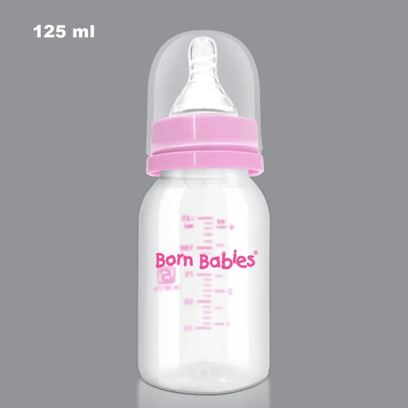 Born Babies Feeding Bottle With Anti-Colic Silicone Nipple & Travel Cap, BPA Free - 125 ml - Pink