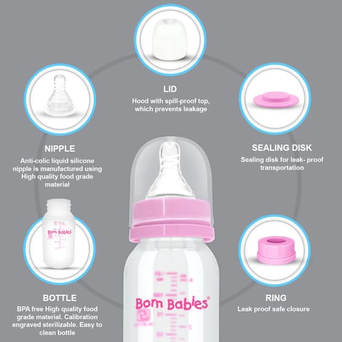 Born Babies Feeding Bottle With Anti-Colic Silicone Nipple & Travel Cap, BPA Free - 125 ml - Pink