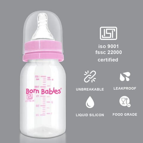 Born Babies Feeding Bottle With Anti-Colic Silicone Nipple & Travel Cap, BPA Free - 125 ml - Pink