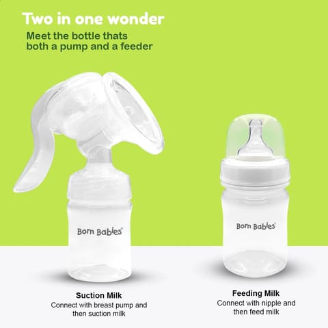 Born Babies Natural Manual Breast Pump ,BPA Free,Anti-Colic Silicone Nipple,Container Cap,150ML - White