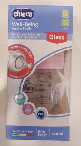 Chicco Well-Being Glass Feeding Bottle for Babies (120ml,Slow Flow) |Premium Borosilicate Glass for High Durability |Elongated Teat for Correct Latch |Comes with Anti-Spill Cap | BPA Free (Pink)