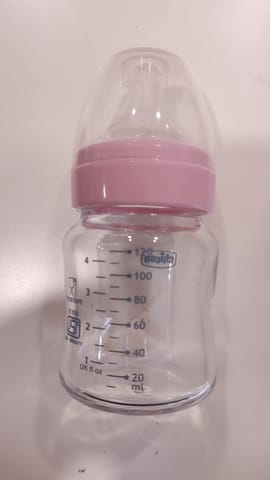 Chicco Well-Being Glass Feeding Bottle for Babies (120ml,Slow Flow) |Premium Borosilicate Glass for High Durability |Elongated Teat for Correct Latch |Comes with Anti-Spill Cap | BPA Free (Pink)