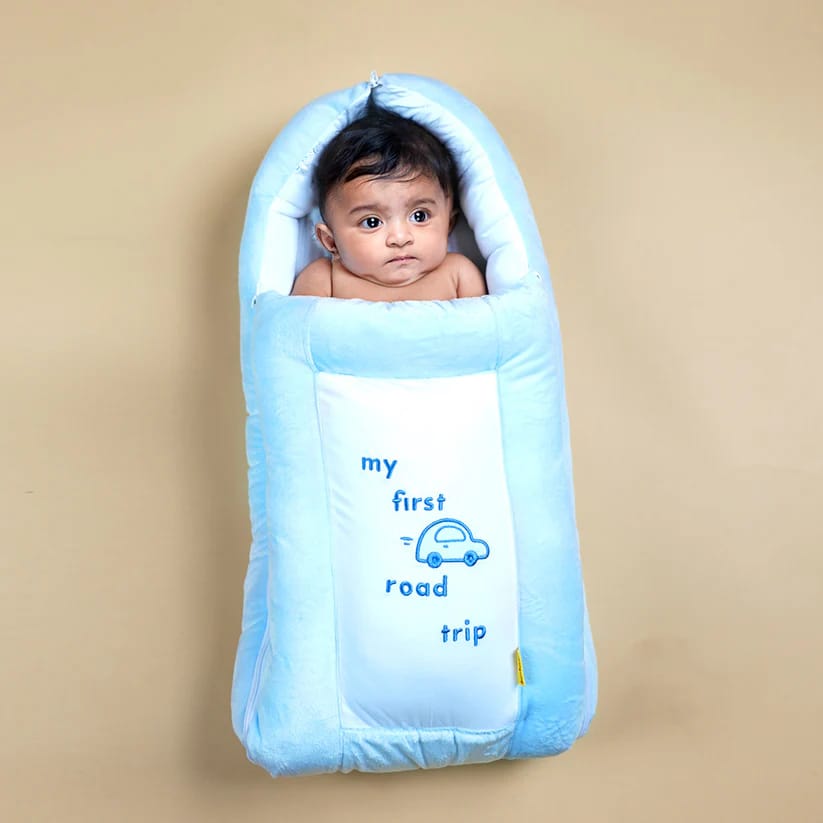 Born Babies Baby Cotton Printed Carry Bed Cum Sleeping Bag 3 in 1 Light Blue