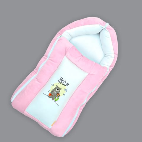 Born Babies Baby Cotton Printed Carry Bed Cum Sleeping Bag 3 in 1 Pink