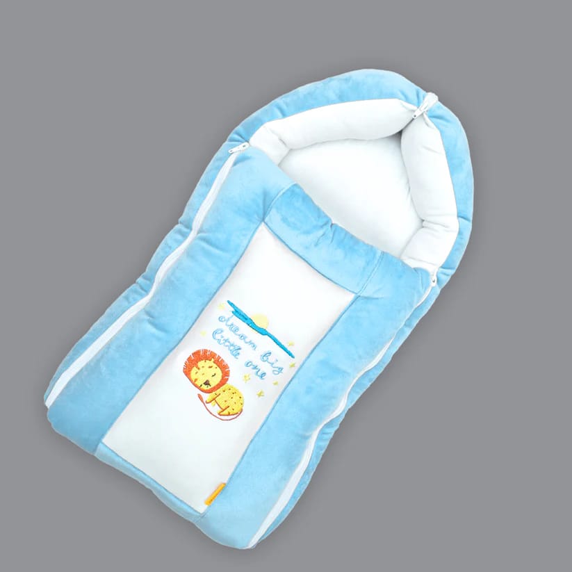 Born Babies Baby Cotton Printed Carry Bed Cum Sleeping Bag 3 in 1 Light Blue