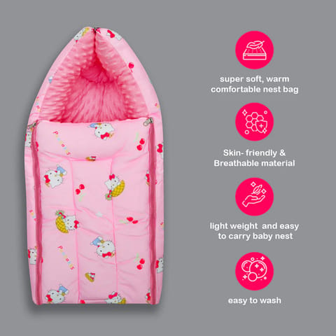 Born Babies Baby Cotton Printed Carry Bed Cum Sleeping Bag 3 in 1 Pink