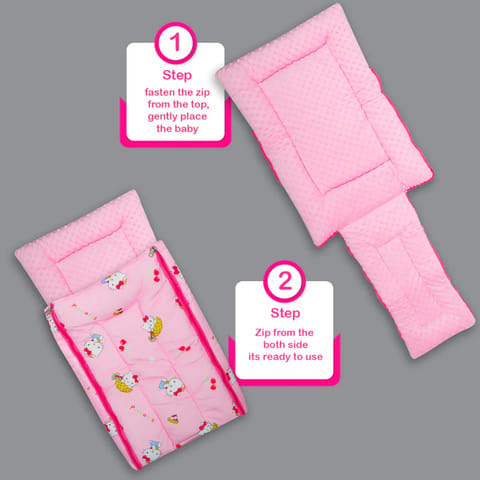 Born Babies Baby Cotton Printed Carry Bed Cum Sleeping Bag 3 in 1 Pink