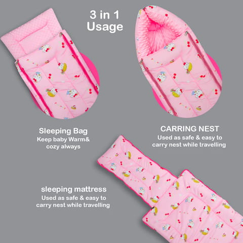 Born Babies Baby Cotton Printed Carry Bed Cum Sleeping Bag 3 in 1 Pink