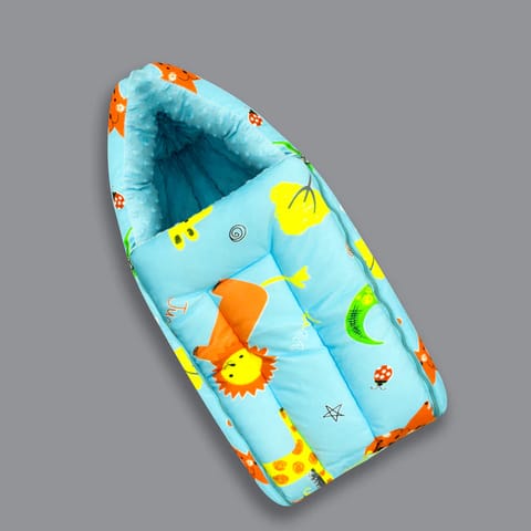 Born Babies Baby Cotton Printed Carry Bed Cum Sleeping Bag 3 in 1 Light Blue