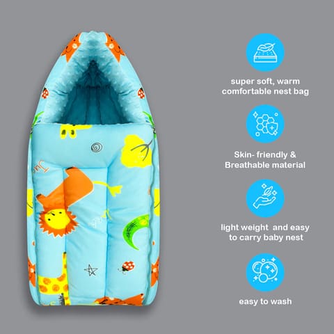 Born Babies Baby Cotton Printed Carry Bed Cum Sleeping Bag 3 in 1 Light Blue