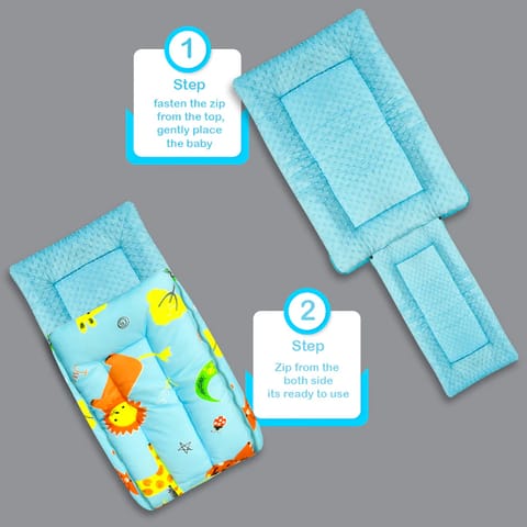 Born Babies Baby Cotton Printed Carry Bed Cum Sleeping Bag 3 in 1 Light Blue