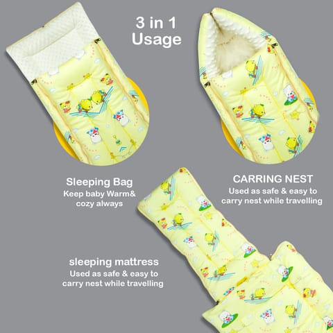 Born Babies Baby Cotton Printed Carry Bed Cum Sleeping Bag 3 in 1 Yellow