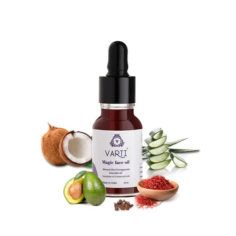 VARTI Organic Magic Face Oil 10ml, Kumkumadi Tailam, Natural & Chemical-free, Coconut, Almond, Olive & Avocado Oil, Anti-Ageing, Brightening Glass Skin, Reduces Wrinkles, Suitable for all Skin Type