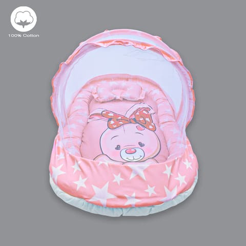 Born Babies Baby Cotton Printed Net Bed With Pillow Pink