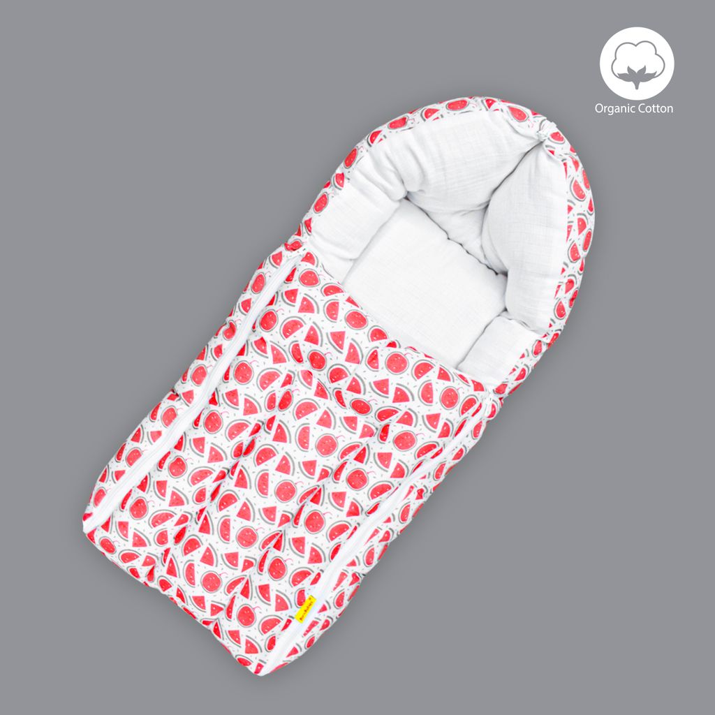 Born Babies Baby Muslin Organic Cotton Printed Carry Bed Cum Sleeping Bag 2 in 1 Red