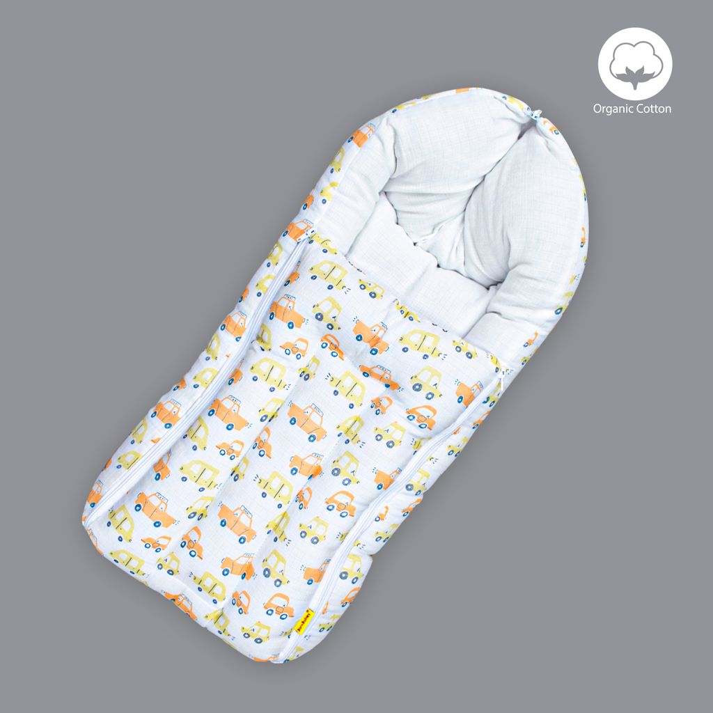 Born Babies Baby Muslin Organic Cotton Printed Carry Bed Cum Sleeping Bag 2 in 1 Yellow