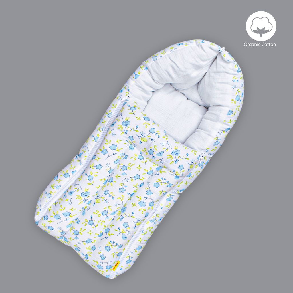 Born Babies Baby Muslin Organic Cotton Printed Carry Bed Cum Sleeping Bag 2 in 1 Blue