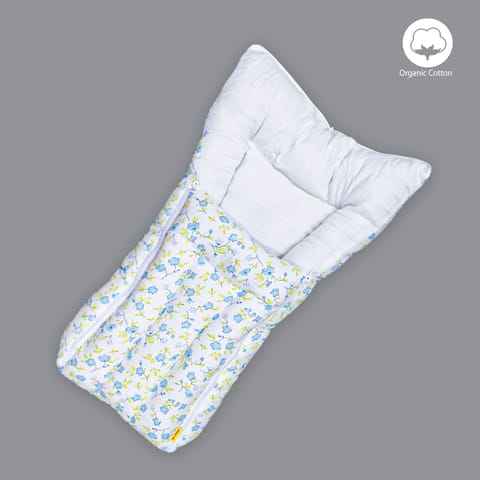 Born Babies Baby Muslin Organic Cotton Printed Carry Bed Cum Sleeping Bag 2 in 1 Blue