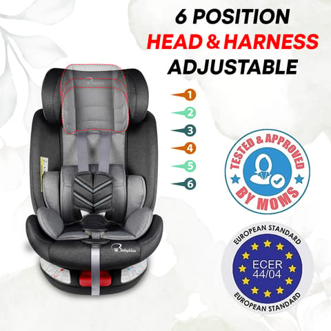 Babykins Convertible Isofix Baby Car Seat 360 Rotatable ECE R44/04 Safety Certified Car Seat for Kids of 0 to 12 Years Age with 4 Recline Position (Black and Grey)