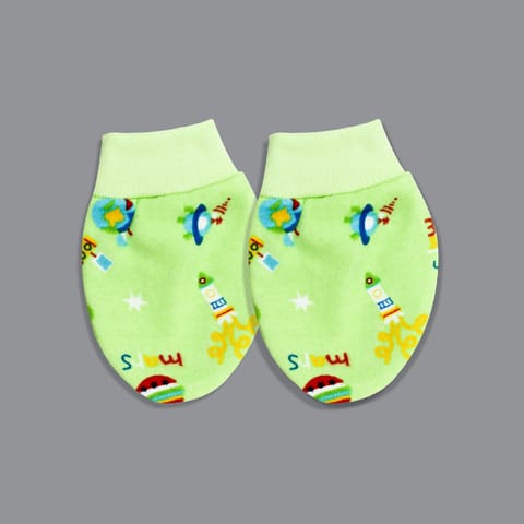 Born Babies Babies 100% Cotton Printed Cap Mittens And Booties Set - Pista Green