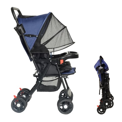 Babykins Baby Stroller/Pram for 0 to 3 Years, New Born/Toddler/Kid | 5 Point Safety Harness, Adjustable Footrest, Swivel Wheels with brake, Large Storage Basket | Navy Blue Edit- without Food Tray