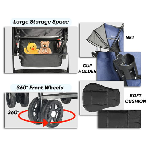 Babykins Baby Stroller/Pram for 0 to 3 Years, New Born/Toddler/Kid | 5 Point Safety Harness, Adjustable Footrest, Swivel Wheels with brake, Large Storage Basket | Navy Blue Edit- without Food Tray