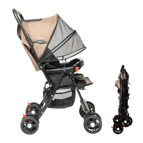 Babykins Baby Stroller/Pram for 0 to 3 Years, New Born/Toddler/Kid | 5 Point Safety Harness, Adjustable Footrest, Swivel Wheels with Brake, Large Storage Basket | Pale Brown