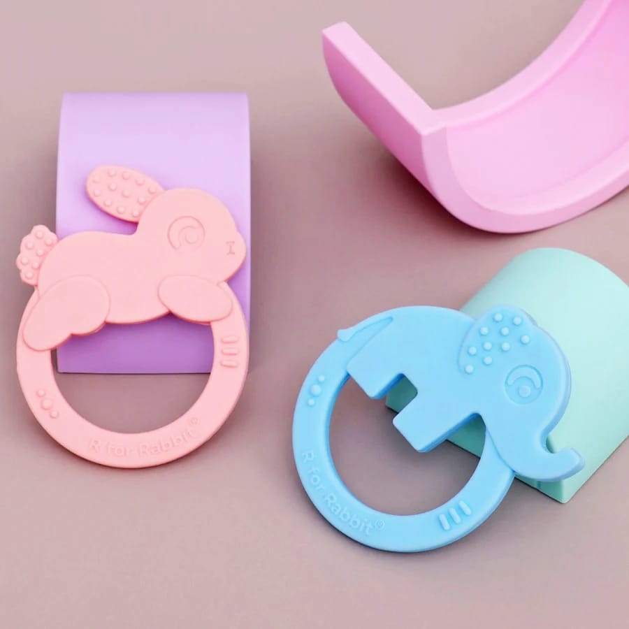 R For Rabbit Tiny Bites Zoobie Baby Silicone Teethers Pack of 2 Elephant and Rabbit, Crocodile and Rabbit, Blue-Pink