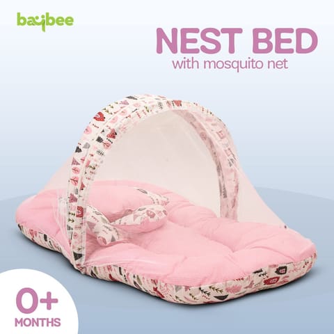 Baybee Cotton Baby Modern Bedding Set For New Born Baby Bed Mattress With Zip Mosquito Net Neck Pillow&2 Bolsters Sleeping Nest Travel Bed ,Infant Toddler Bed Set Gifts For Baby Boy Girl 0-6 M Pink