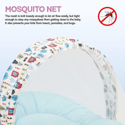 Baybee Baby Bedding Set for New Born Baby, Bed Mattress with Mosquito Net, Neck Pillow & 2 Bolsters Sleeping Nest Travel Bed for Baby Infant Toddler Bed Set for Baby Boy Girl 0-6 Months Blue