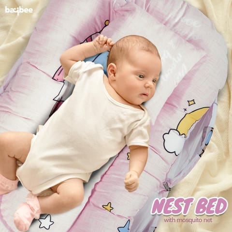 Baybee Baby Bedding Set for New Born Baby, Bed Mattress with Mosquito Net & Neck Pillow, Sleeping Nest Travel Bed for Baby, Infant Toddler Bed Set Gifts for Baby Boy Girl 0-6 Months (Pink)