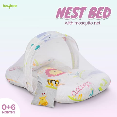 Baybee Baby Bedding Set for New Born Baby, Bed Mattress with Mosquito Net & Neck Pillow, Sleeping Nest Travel Bed for Baby, Infant Toddler Bed Set Gifts for Baby Boy Girl 0-6 Months (Grey)