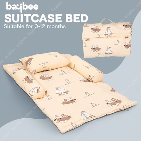 Baybee Thick New Born Baby Bedding Mattress/Gadda bed Set for Babies with 2 Side Bolster & Head Pillow | Baby Sleeping Bed for 0 to 6 months | 4 Pcs Printed baby Bedding Set for Boys Girls (Beige)