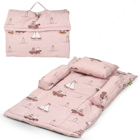 Baybee Thick New Born Baby Bedding Mattress/Gadda bed Set for Babies with 2 Side Bolster & Head Pillow | Baby Sleeping Bed for 0 to 6 months | 4 Pcs Printed baby Bedding Set for Boys Girls (Pink)