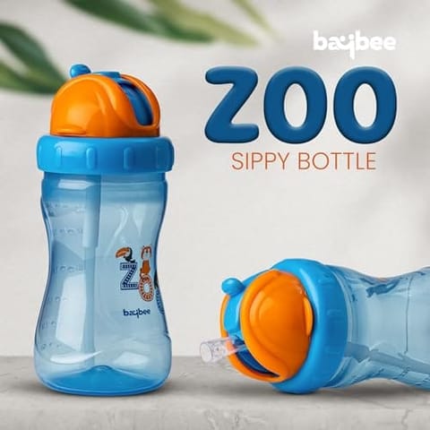 Baybee Zoo 340ML Sipper Bottle for kids, Anti-Spill Sippy Bottle with Soft Silicone Straw BPA Free |Sippy Cup, Baby Bottle Sipper | sipper bottle for kids Infants & Toddlers 6 Months to 3 Years (Blue)